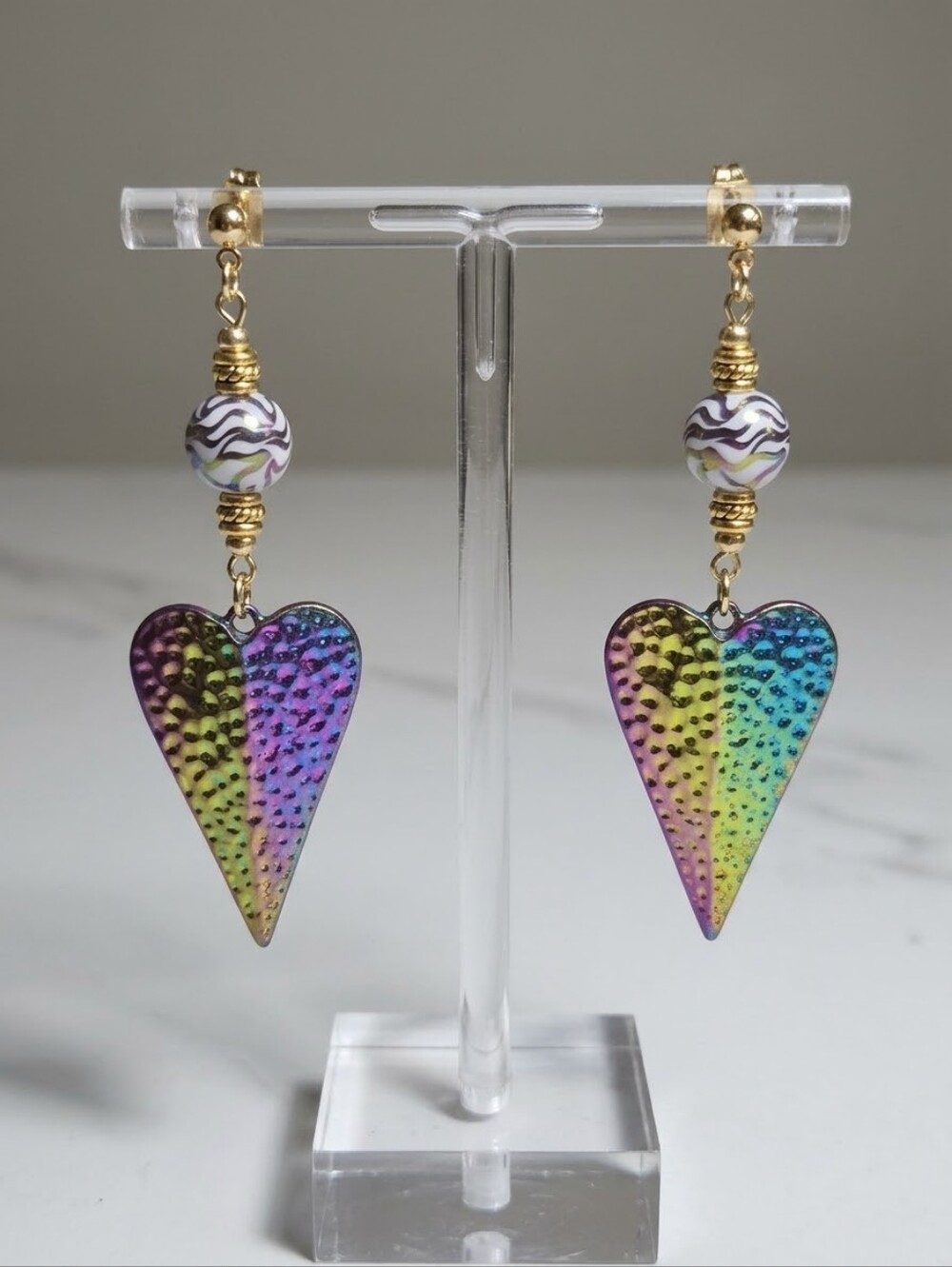 Iridescent Metallic Heart Drop Earrings - Hypoallergenic Posts
